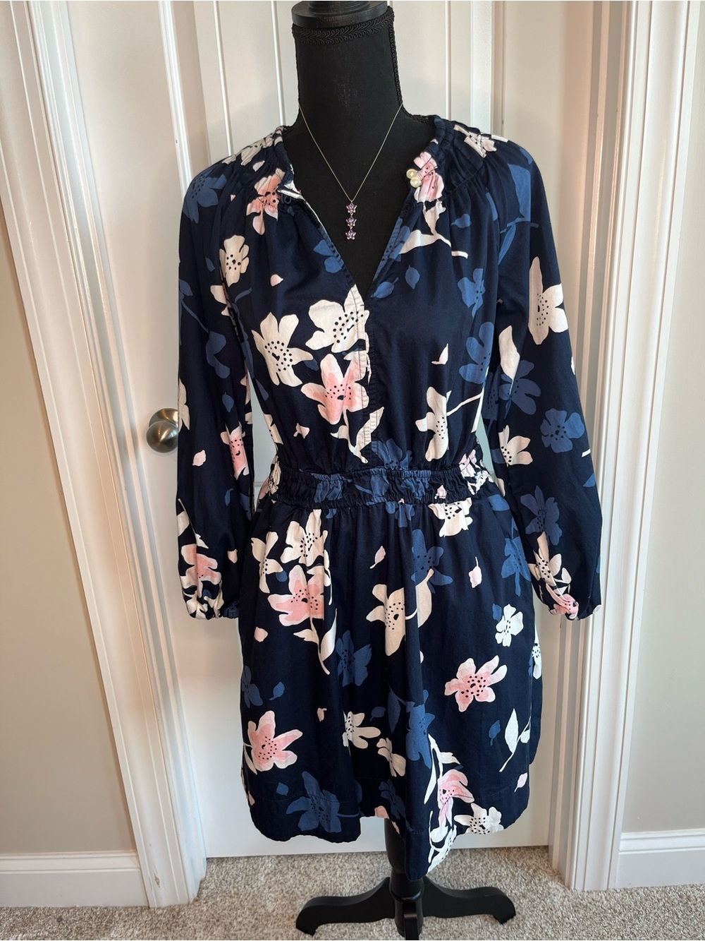 Free Assembly Navy Floral Long-Sleeve Elastic-Waist Dress - Pink & White Blooms
